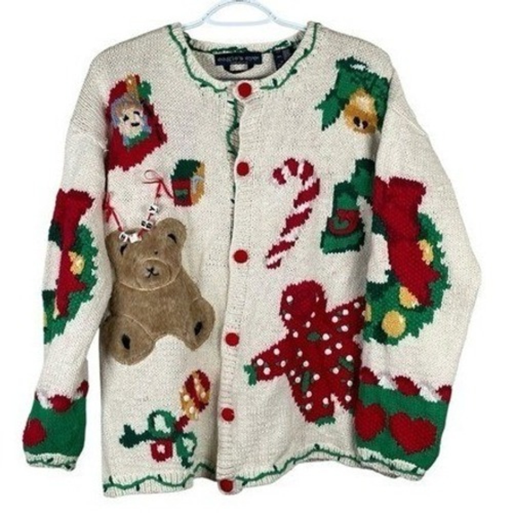 Vintage‎ 1994 Holiday Christmas Teddy Bear Cardigan Sweater Womens M Cream